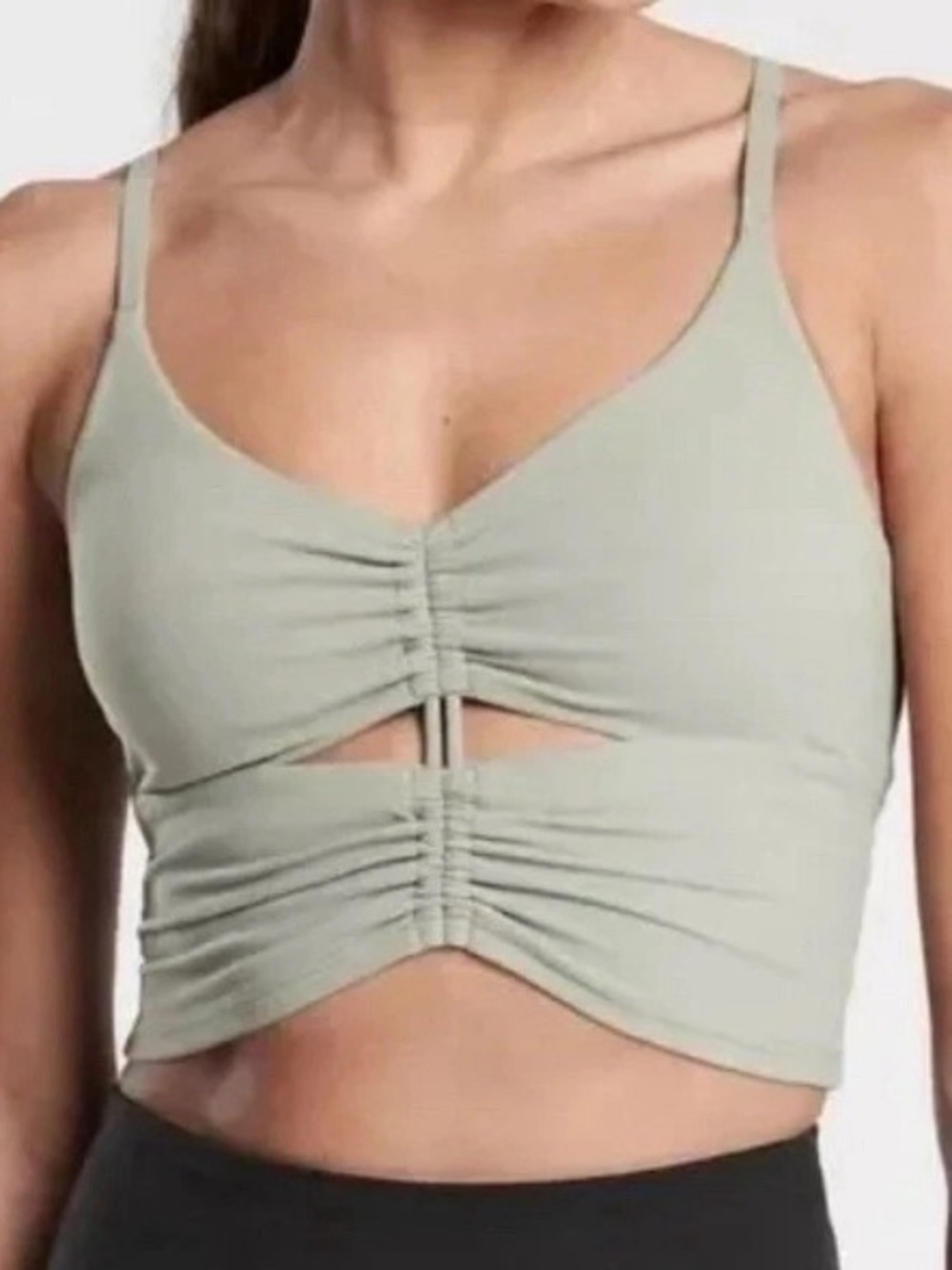 Athleta NWT Sage Green Cinch Longline Ruched Cutout Sport Bra fits cup A- C